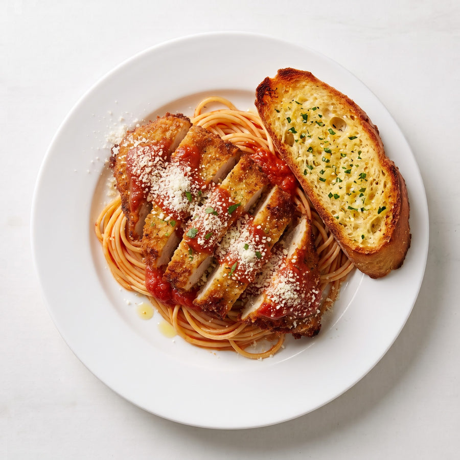 Chicken Parmesan with Thin Spaghetti & Garlic Bread