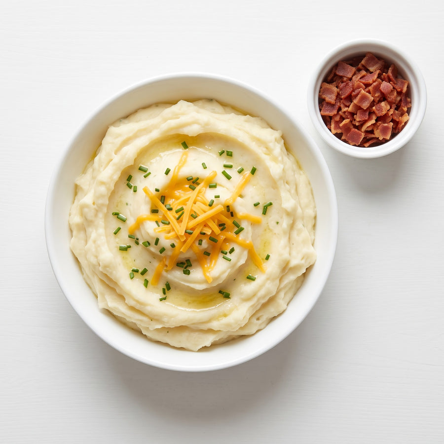 Loaded Potato Mash with Cheddar, Chives, and Bacon