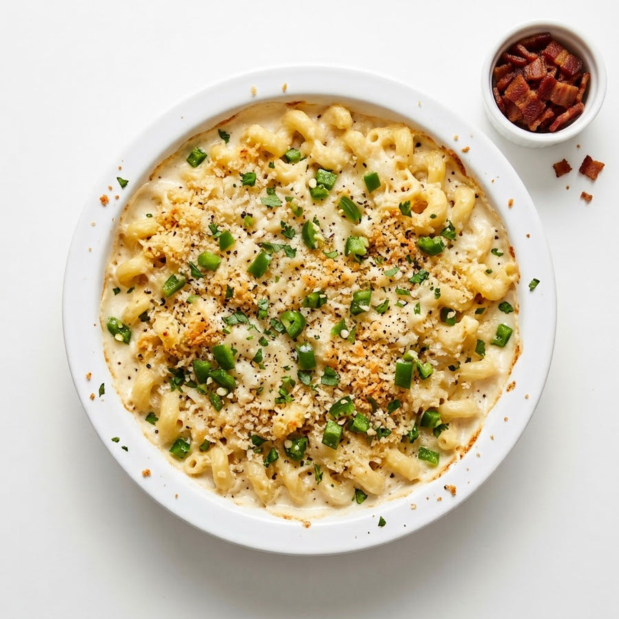 Creamy White Cheddar & Jalapeño Mac with Crispy Bacon on the Side
